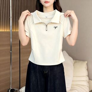 300斤夏季新款大码刺绣翻领拉链POLO衫短袖T恤女显瘦百搭上衣