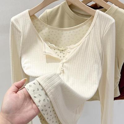 胖mm300斤甜辣妹碎花假两件长袖T恤女秋冬百搭遮肚显瘦美拉德上衣