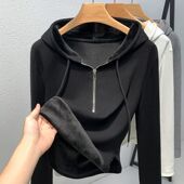 女装 胖m连帽加绒加厚内搭保暖上衣新款 秋冬季 300斤大码 外穿打底衫