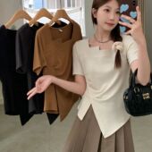 女装 复古短袖 t恤女夏季 300斤大码 新款 不规则正肩胖MM遮肉显瘦上衣