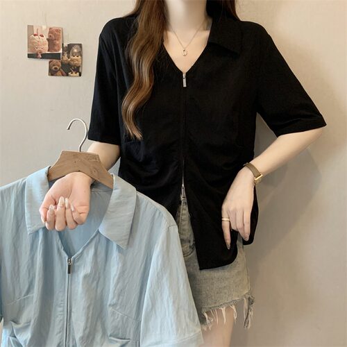 大码女装V领正肩短袖衬衫女