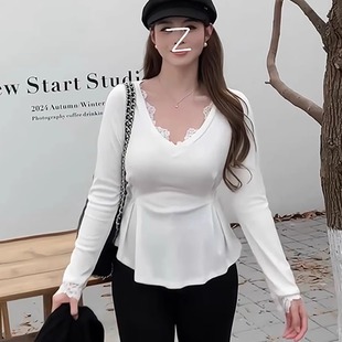 女装 上衣t恤遮肚显瘦打底衫 白300斤秋季 收腰蕾丝长袖 新款 胖mm大码