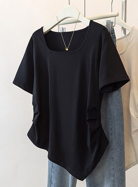 300斤大码女装胖mm方领不规则设计上衣女百搭别致遮肚辣妹T恤短袖