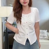 300斤大码 设计感开叉遮肉显瘦上衣 T恤女夏季 法式 方领彩色纽扣短袖