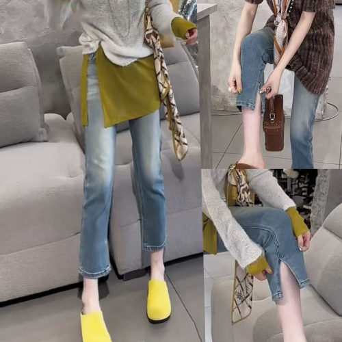 2026春季新款高腰弹力牛仔裤女大码胖mm裤子修身显瘦开叉烟管裤女