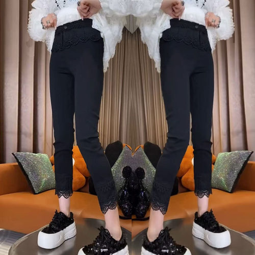大码梨型身材裤子女2026新款春季高腰弹力显瘦蕾丝九分烟管休闲裤