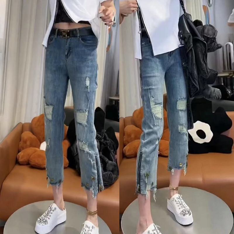 2025新款大码女装夏季高腰弹力九分破洞牛仔裤女显瘦开叉烟管裤子