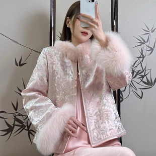 新中式醋酸刺绣马甲狐狸毛外套女 2025冬季驼鸟毛坎肩马夹上衣