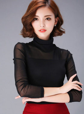高领网纱打底衫女修身纯色长袖t恤内搭弹力纱衣女装有内衬莎料沙t