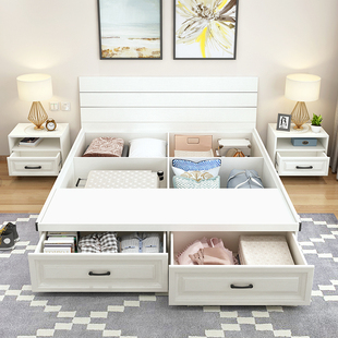 现代简约侧开储物床抽屉高箱床收纳板式 床1.8米双人床婚床榻榻米