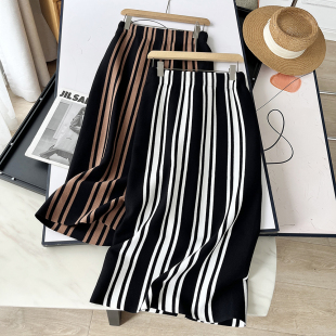 竖条纹针织半身裙女春秋高腰显瘦中长款 休闲百搭黑白棕色裙子
