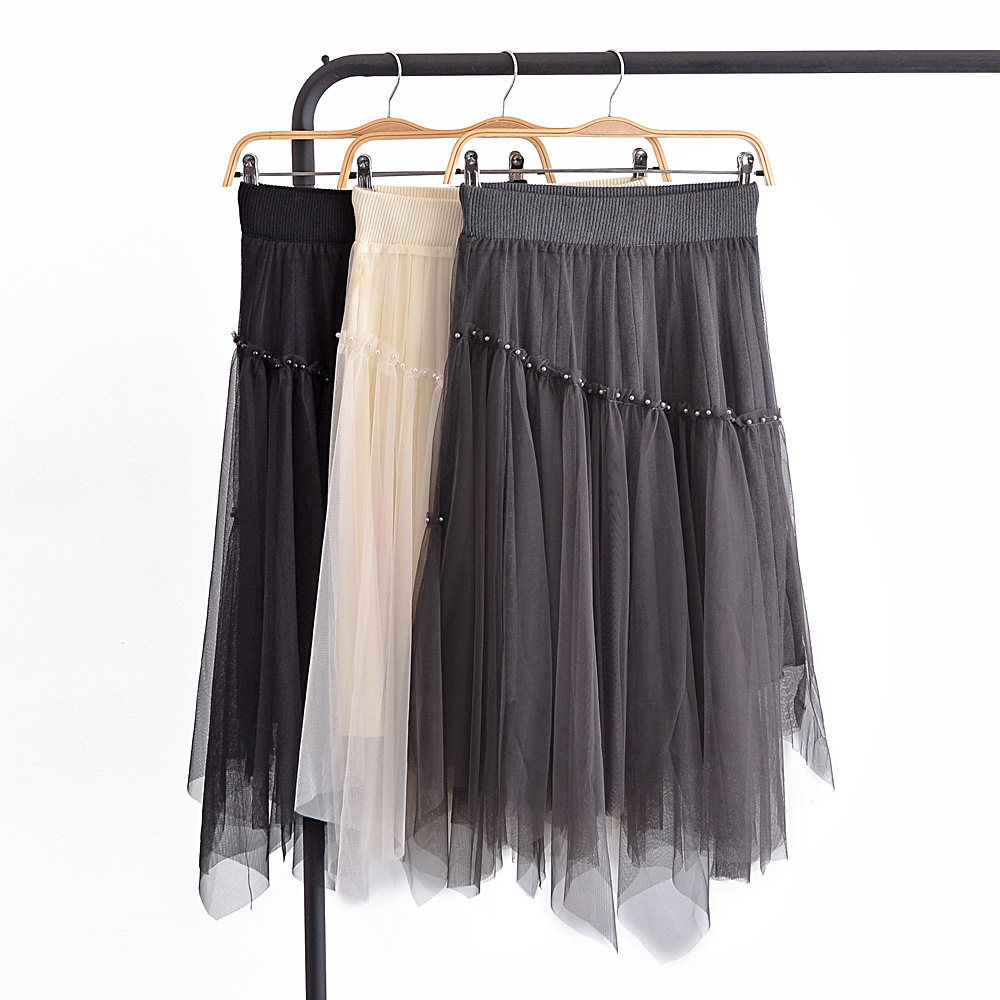 不规则两面穿钉珠网纱针织半身裙女春秋高腰A字中长款百搭纱裙