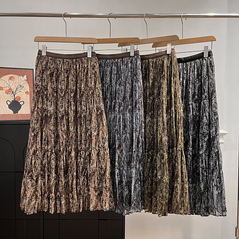 复古田园风碎花雪纺网纱半身裙春秋高腰垂感飘逸大摆a字中长裙