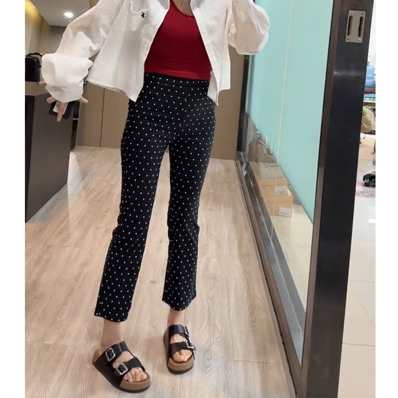 波点九分纸皮裤女直筒裤微喇叭裤图片