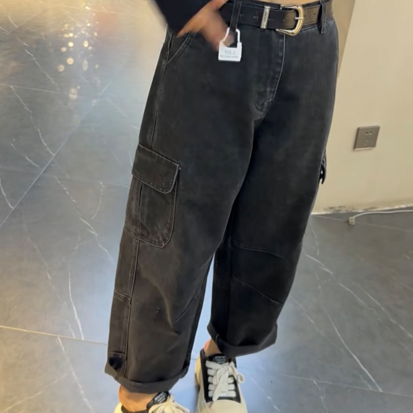 高腰弯刀牛仔裤女宽松显瘦遮肉九牛仔裤