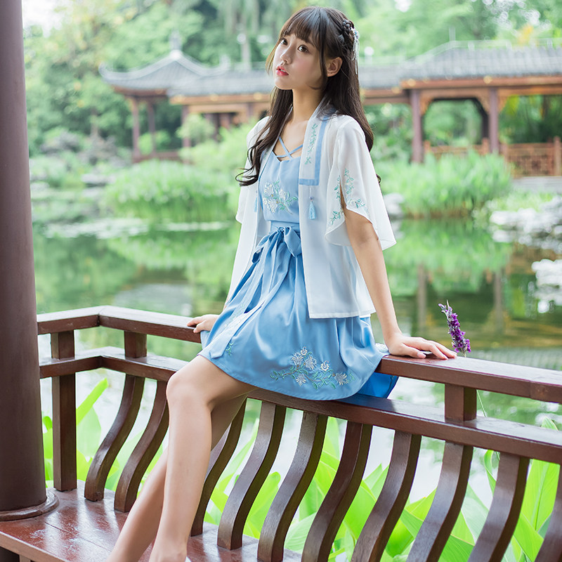 汉服汉元素古风夏未凉浅蓝色短裙中国风日常改良女装仙女学生套装