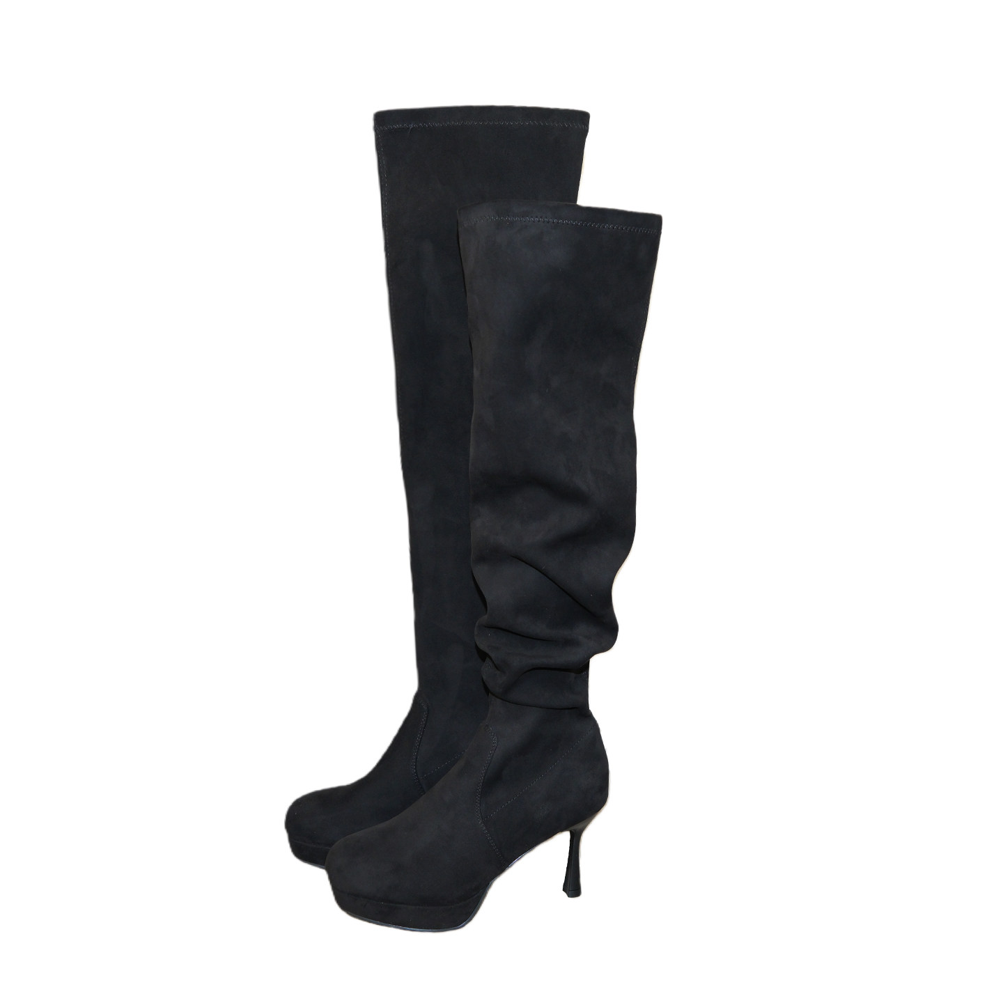 thumbnail for Mooreyu original black round-toe long boots for women, pleated suede, vintage waterproof platform large tube slender high heels