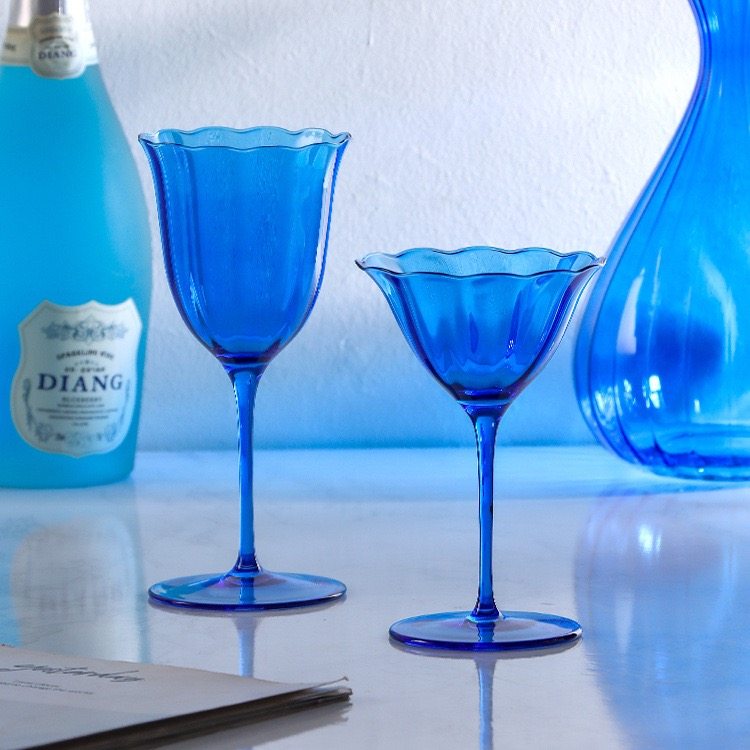 复古蓝色高脚杯花型红酒杯水晶玻璃法式优雅小众中古杯子花朵高级,餐饮具,葡萄酒/红酒杯,淘宝优惠券,粉丝福利购,淘宝优惠卷
