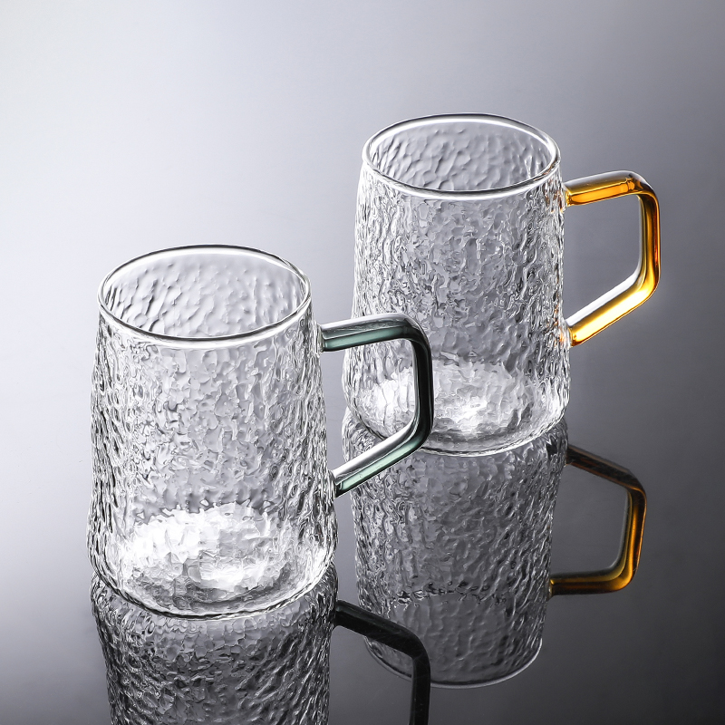 耐热玻璃带把彩色把锤纹水杯家用