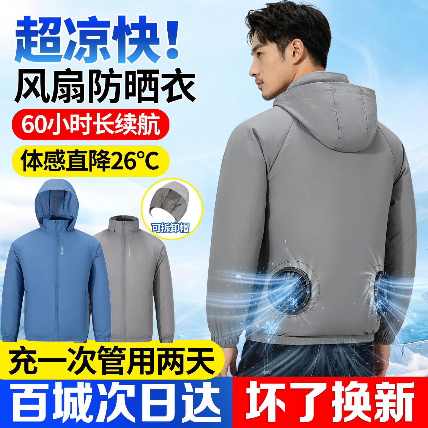 夏季降温制冷空调服男款带风扇衣服可拆卸连帽钓鱼冰丝防晒工作服