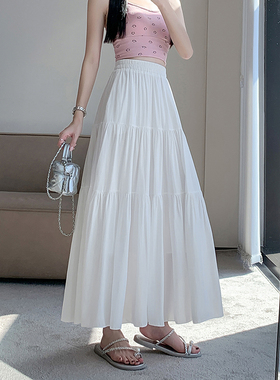 白色裙子女夏季蛋糕裙高腰a字显瘦梨形身材气质春秋中长款半身裙