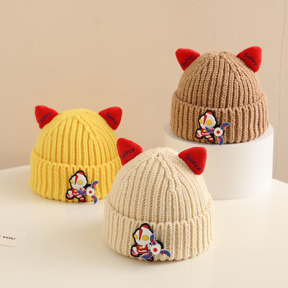 新款宝宝毛线帽奥特曼旋转风车儿童秋冬季针织帽男童女宝婴儿冷帽