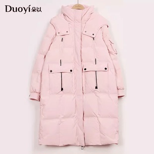 duoyi朵以2023冬季新款百搭时尚连帽中长款保暖羽绒服38BD943061