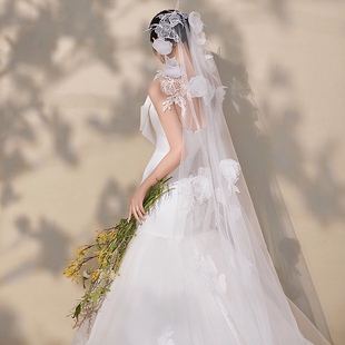 新娘奢华花瓣手工头纱长款拖地新款结婚森系写真样片头纱婚纱配饰