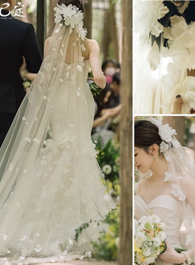 婚期原创2022新款超仙复古花朵拖尾头纱新娘婚纱礼服配饰拍照道具