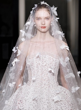 新娘白色立体蝴蝶头纱主婚纱重工珍珠奢华超大款拖尾软纱鱼尾婚纱