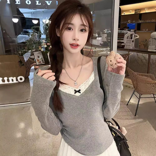 德绒打底保暖假两件花边拼接长袖女上衣秋冬修身显瘦打底T恤女潮