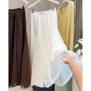 蕾丝拼接网纱提花半身裙女秋季中长款松紧腰显瘦大摆a字纱裙半裙