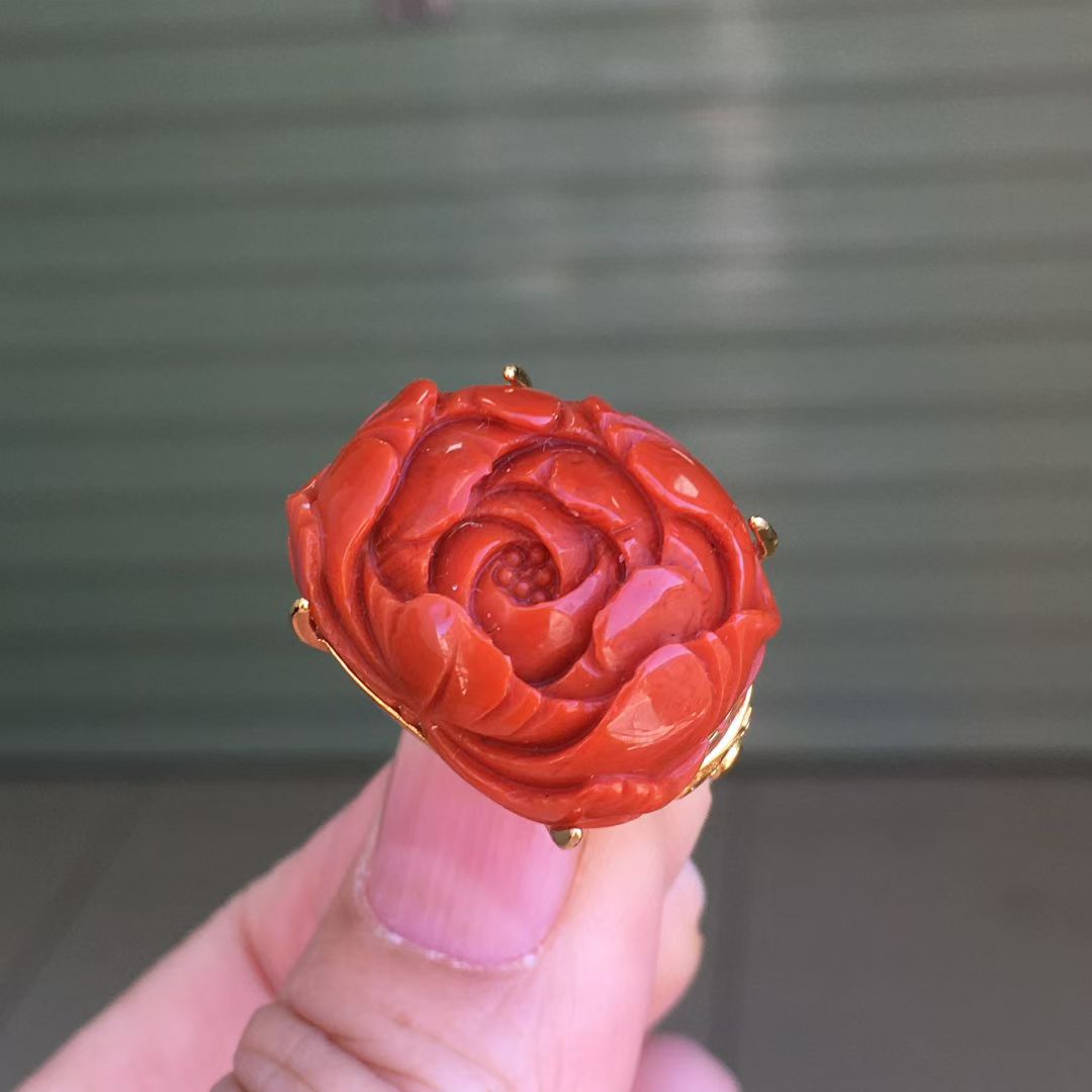 南红玛瑙戒指柿子红玫瑰花戒指925满色满肉