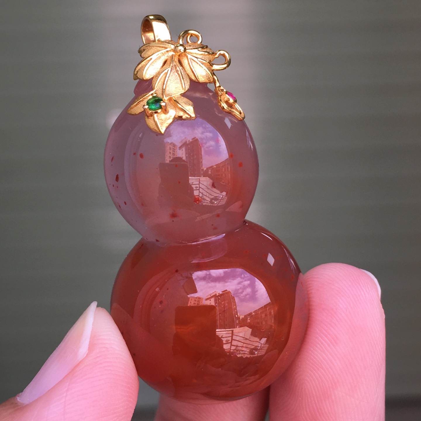 手串手链瓦西料柿子红佛珠满色满肉镶嵌18 K金，雕刻葫芦满天星