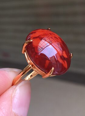 天然戒指18K金镶嵌玛瑙戒面裸石冰红手饰金镶玉戒指指环手镯项链
