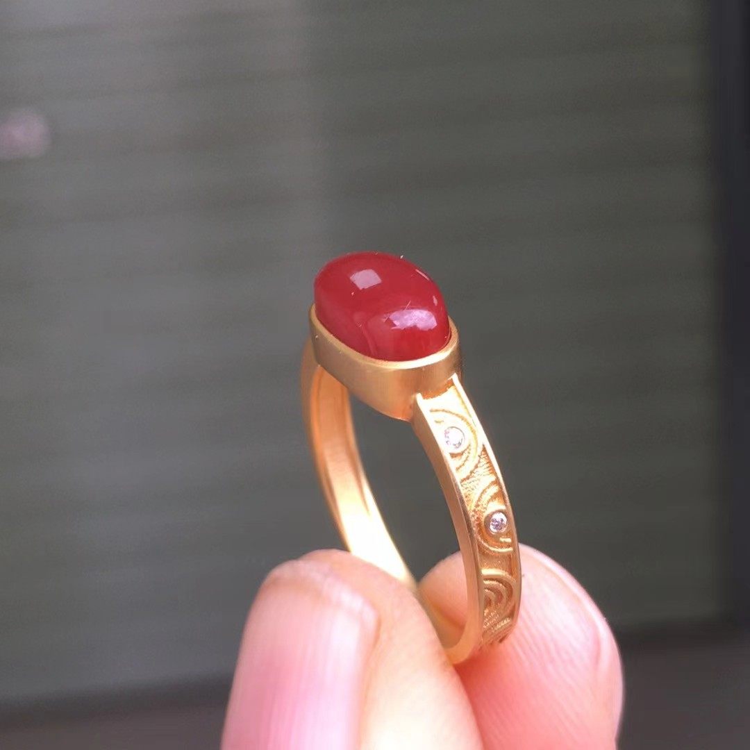 南红玛瑙戒指18k金镶嵌瓦西料柿子红戒指