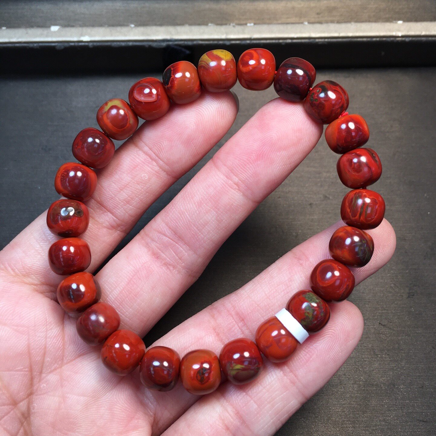 天然南红玛瑙铁皮包浆花老型手串瓦西料柿子红手串手串佛珠包浆