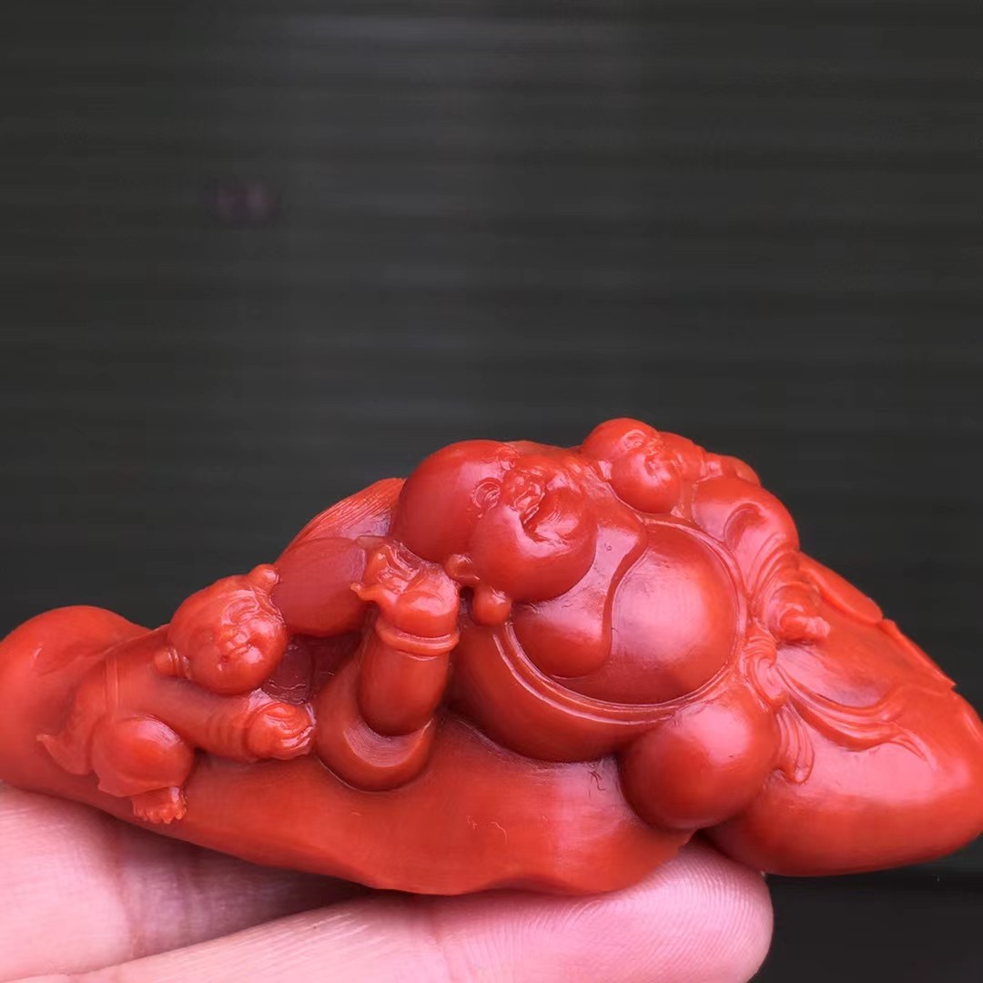 南红玛瑙天然南红玛瑙手把件精雕柿子红招财貔貅手玩件童子戏佛