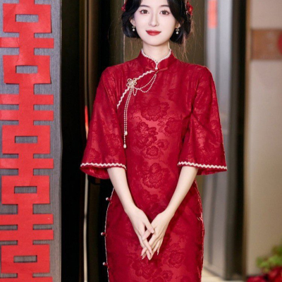 敬酒新中式新娘旗袍红色2025新款蕾丝秋冬结婚订婚改良回门连衣裙