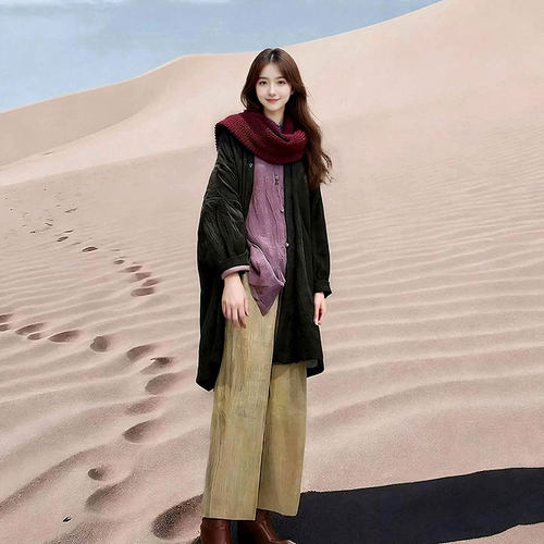 复古禅意宽松大码中长款亚麻棉服