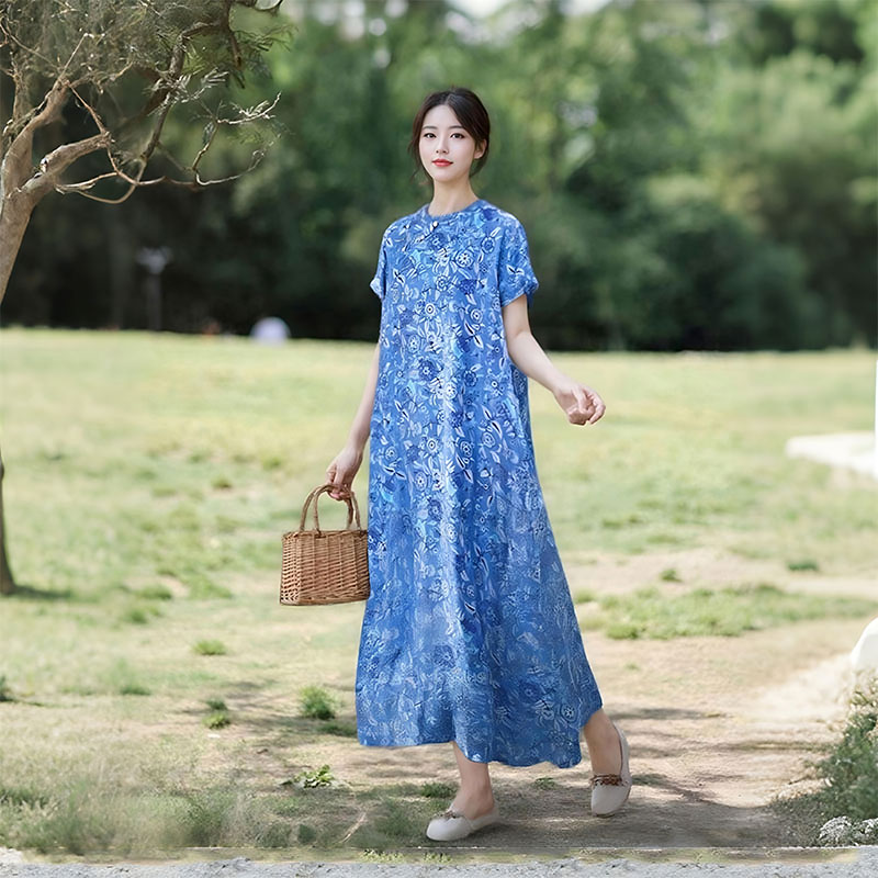 新中式连衣裙女夏新款中国风立领斜襟宽松长款苎麻碎花改良旗袍裙