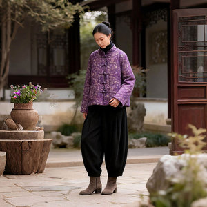 新中式立领盘扣加厚碎花棉麻棉服
