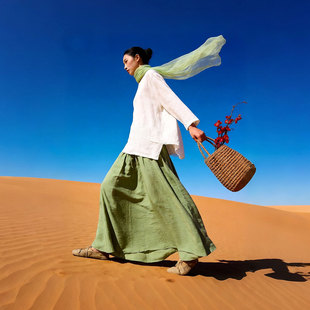 绿色棉麻半身裙女文艺休闲风宽松高腰显瘦松紧腰纯色百搭素雅长裙