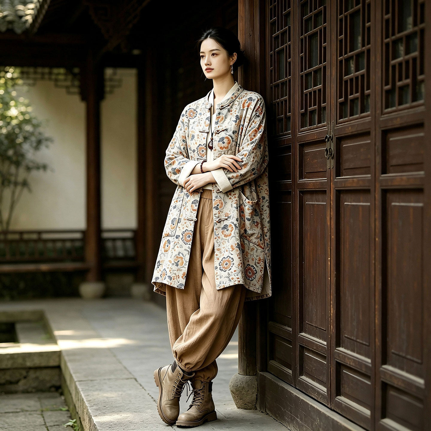新中式棉麻盘扣中长款开衫女