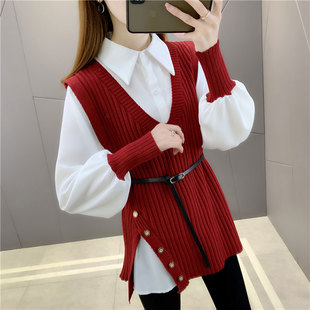 红色新年套装2021年女士毛衣时尚洋气新款爆款针织马甲衬衫两件套