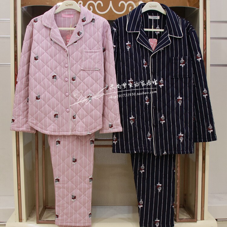 伊姿娇娜2018冬季新款情侣家居服男女休闲纯棉三层薄加棉睡衣套