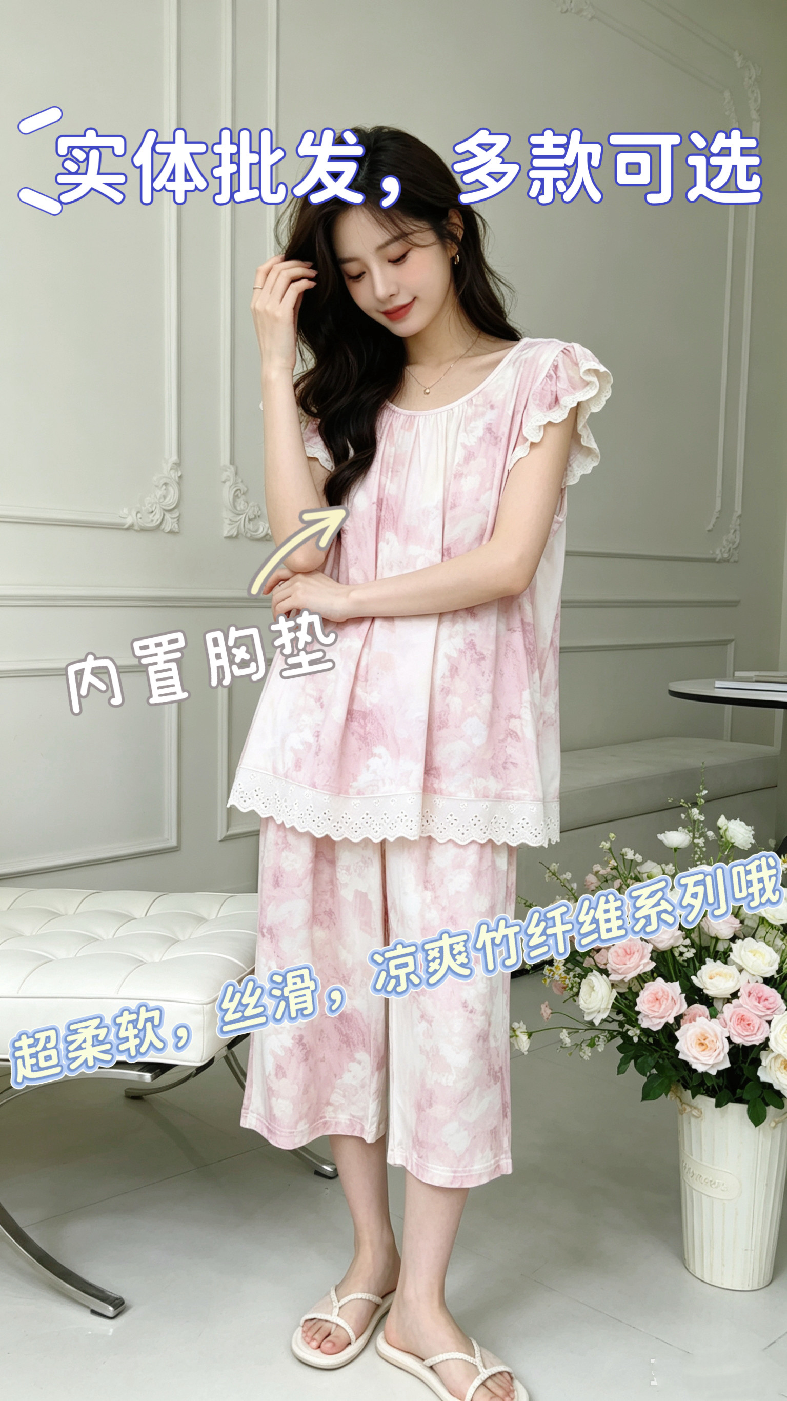 丽而倩2026夏女新款超柔软竹纤维无袖睡裙带胸垫家居服短袖睡衣套