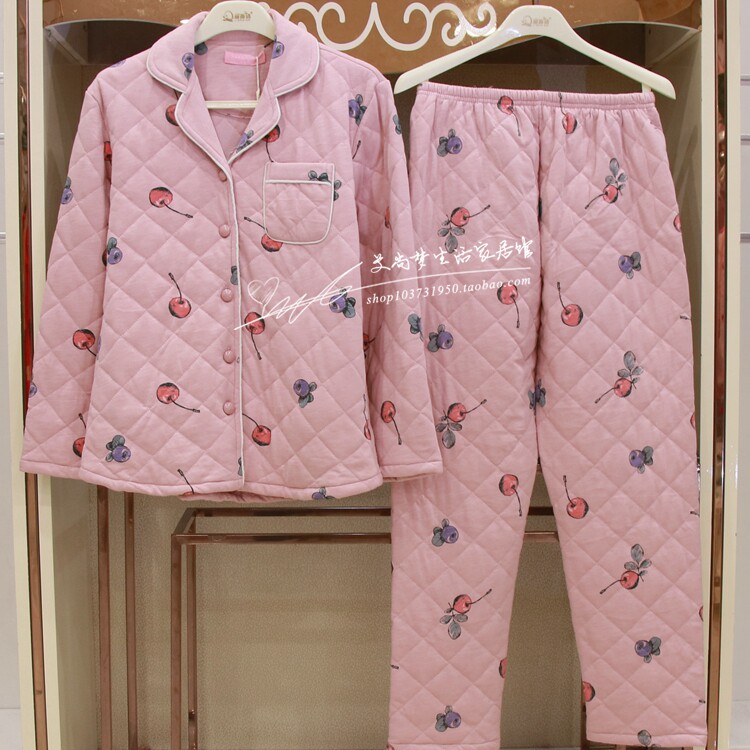 伊姿娇娜2018冬季新款家居服女士纯棉三层保暖可爱卡通薄棉睡衣套