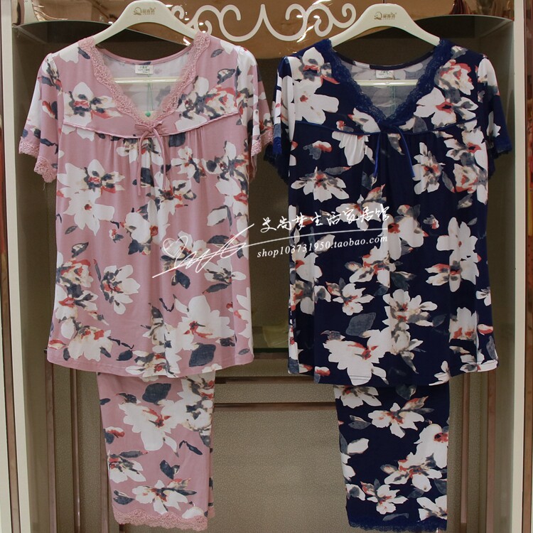 莎丽薇2018夏季新款家居服女士时尚碎花短袖七分裤竹纤维睡衣套装