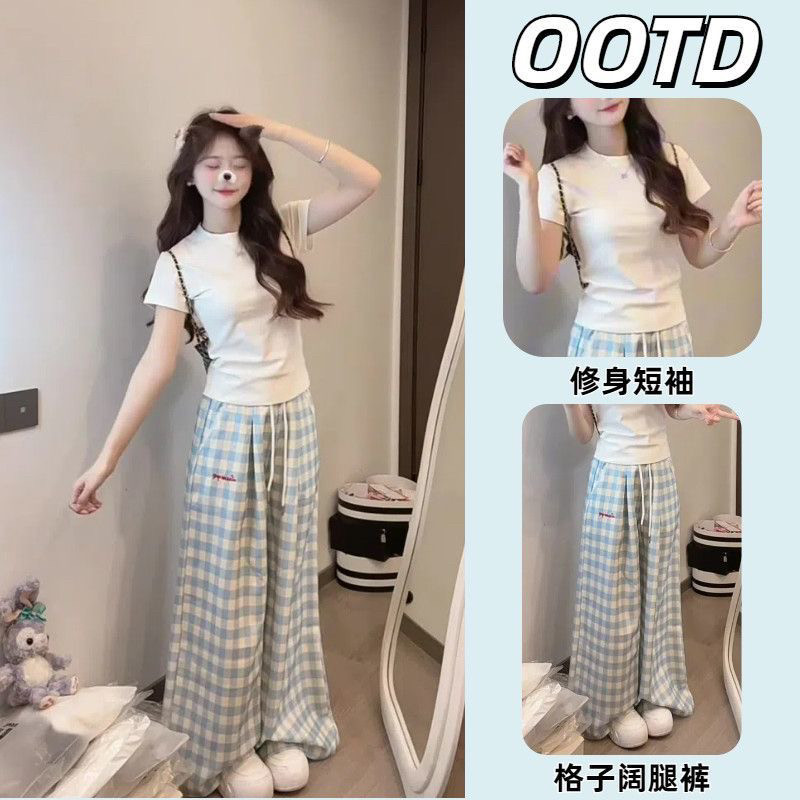 夏季新款盐甜系穿搭韩系修身辣妹短袖上衣显瘦高腰格子阔腿裤套装